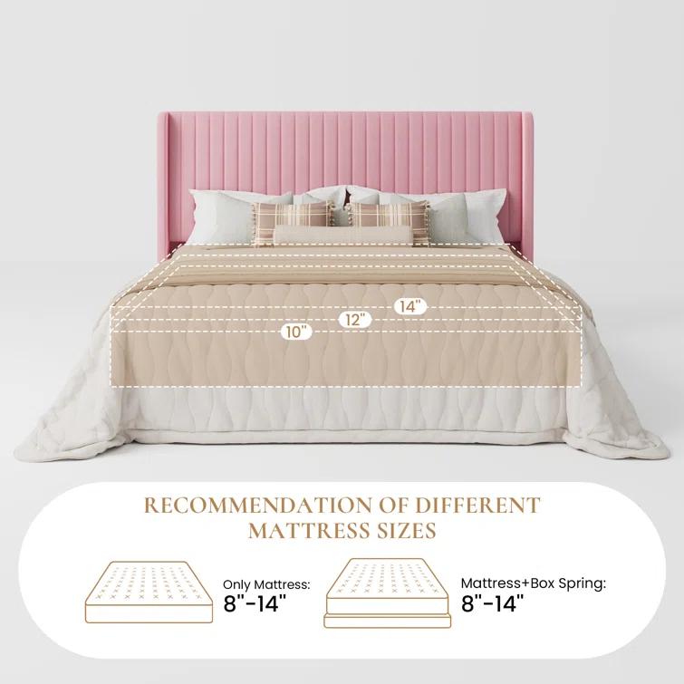 Candler Velvet Upholstered Platform Bed with Wingback Headboard and Wooden Slats