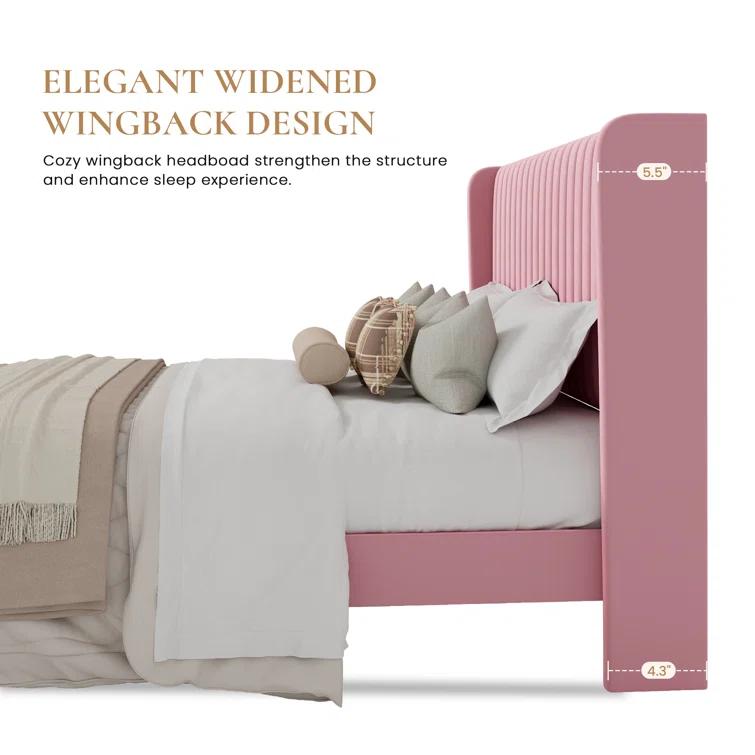 Candler Velvet Upholstered Platform Bed with Wingback Headboard and Wooden Slats