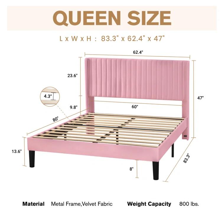 Candler Velvet Upholstered Platform Bed with Wingback Headboard and Wooden Slats