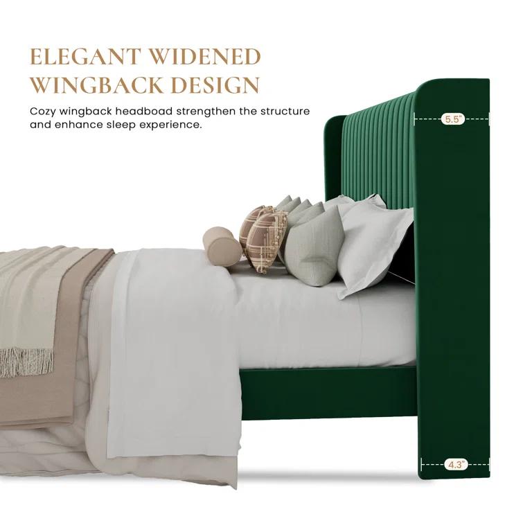 Candler Velvet Upholstered Platform Bed with Wingback Headboard and Wooden Slats