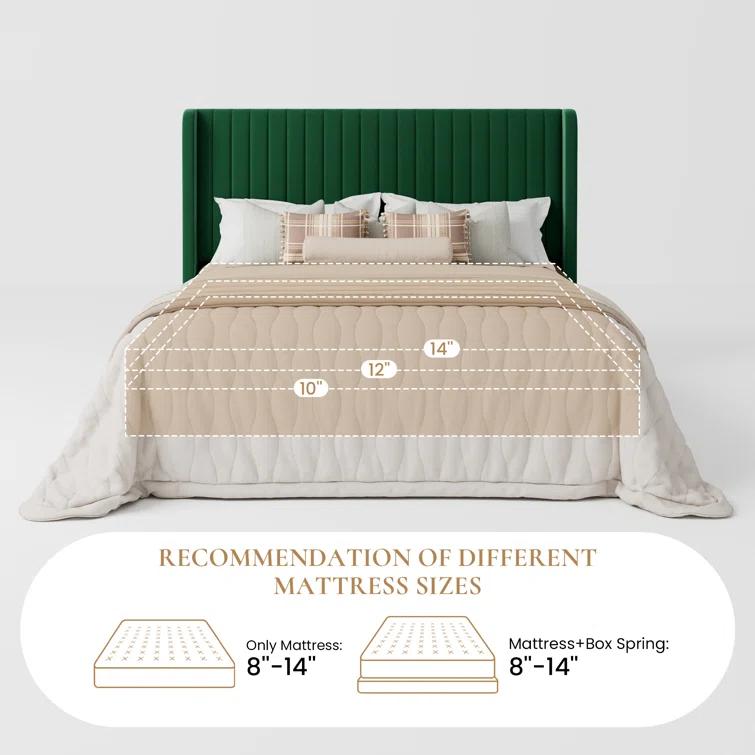 Candler Velvet Upholstered Platform Bed with Wingback Headboard and Wooden Slats
