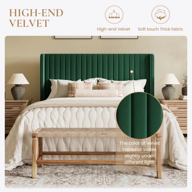 Candler Velvet Upholstered Platform Bed with Wingback Headboard and Wooden Slats