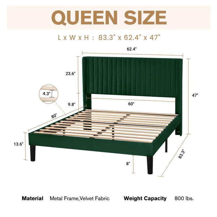 Candler Velvet Upholstered Platform Bed with Wingback Headboard and Wooden Slats