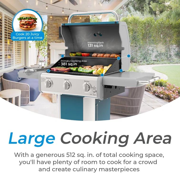 Kenmore 3-Burner Propane Gas Grill with Foldable Side Tables for Outdoor BBQ