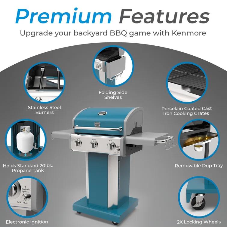 Kenmore 3-Burner Propane Gas Grill with Foldable Side Tables for Outdoor BBQ