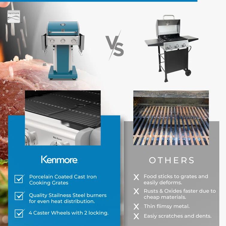 Kenmore 3-Burner Propane Gas Grill with Foldable Side Tables for Outdoor BBQ