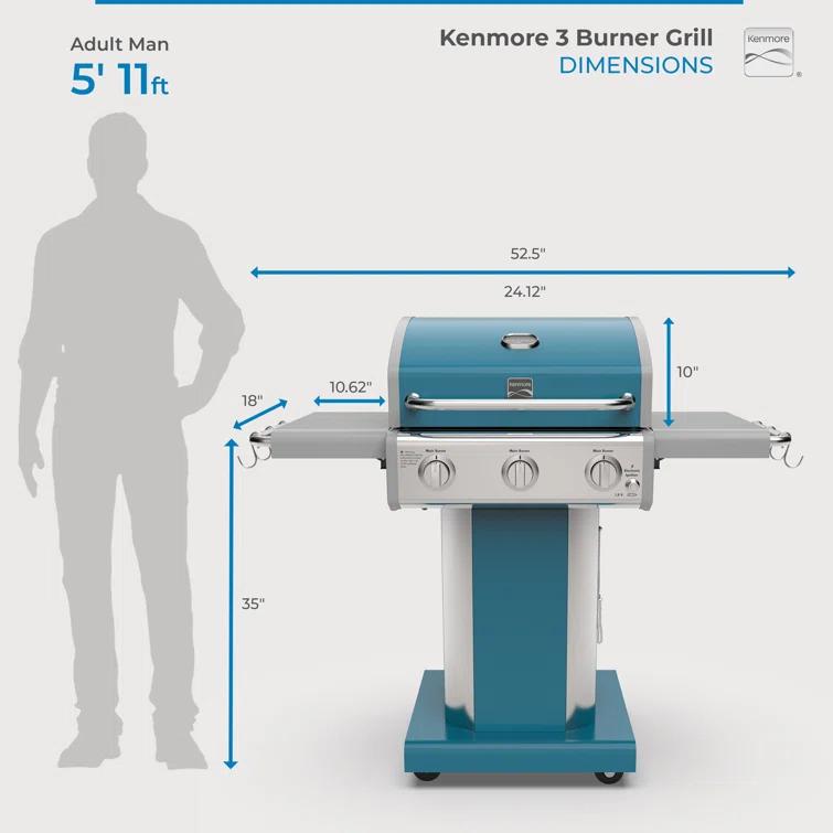 Kenmore 3-Burner Propane Gas Grill with Foldable Side Tables for Outdoor BBQ