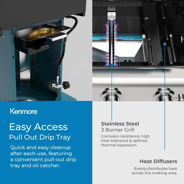 Kenmore 3-Burner Propane Gas Grill with Foldable Side Tables for Outdoor BBQ