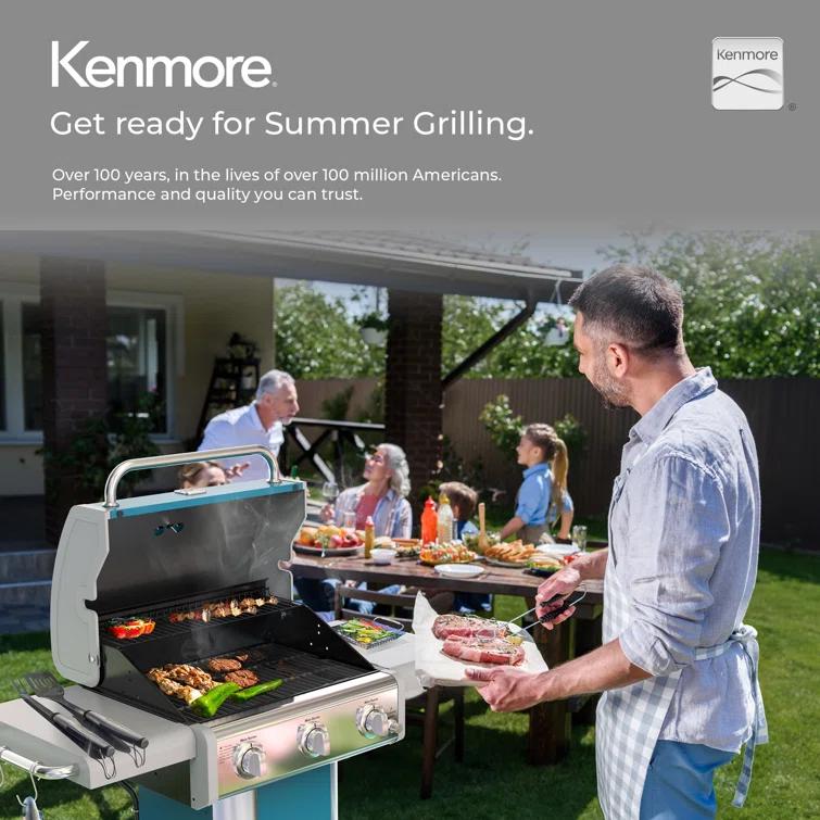 Kenmore 3-Burner Propane Gas Grill with Foldable Side Tables for Outdoor BBQ