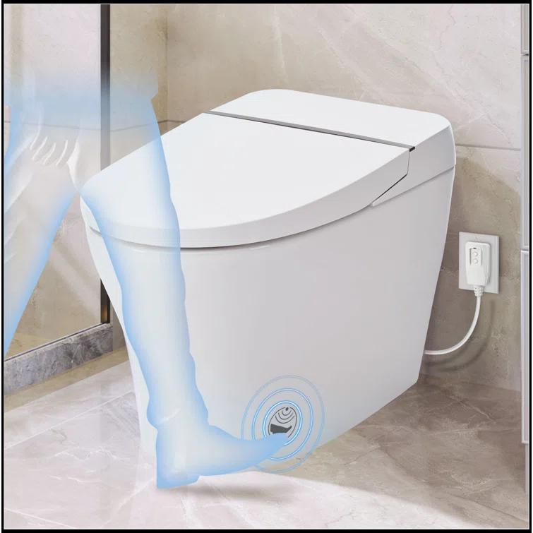 Smart Toilet Bidet Combo With Self-Cleaning Nozzle,Upmarket Compact Dual Flush Toilet 1/1.28 GPF,Tank Less Toilet With Foot Sensor Flush,White Night Light,Knob Control,Power Outage Flushing,Soft Close
