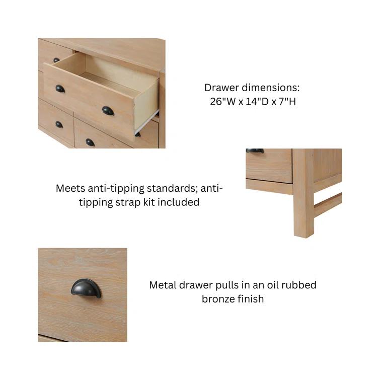 Arden 5-Piece Bedroom Set - Queen Bed, Two 2-Drawer Nightstands, 5-Drawer Chest, 6-Drawer Double Dresser, Solid Pine Wood, Light Driftwood Finish, Modern Rustic Style