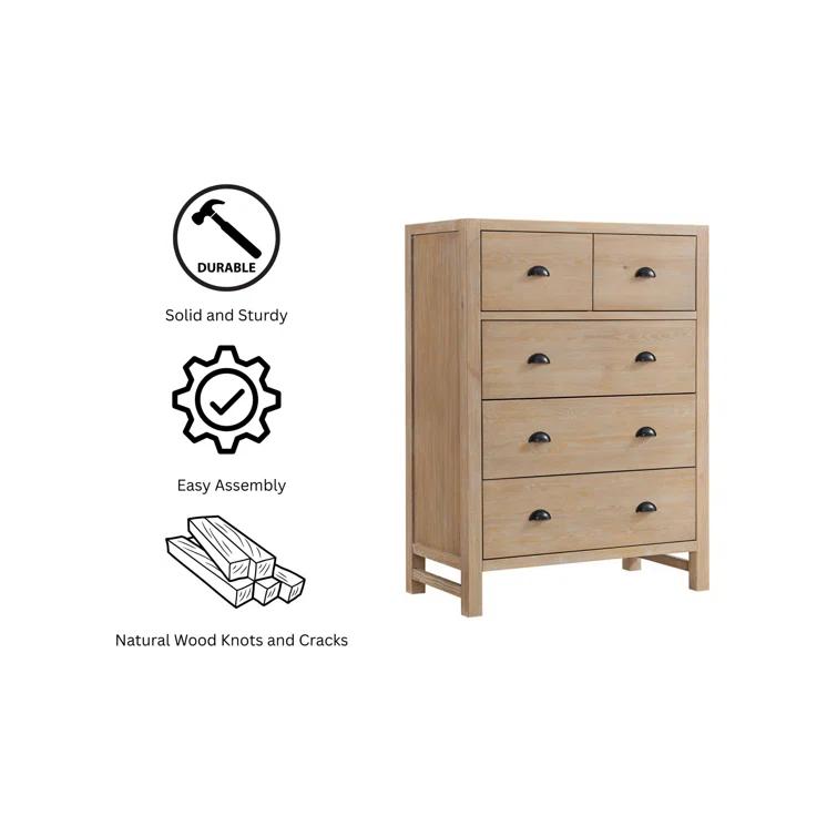 Arden 5-Piece Bedroom Set - Queen Bed, Two 2-Drawer Nightstands, 5-Drawer Chest, 6-Drawer Double Dresser, Solid Pine Wood, Light Driftwood Finish, Modern Rustic Style