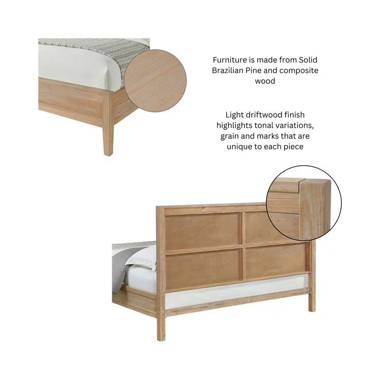 Arden 5-Piece Bedroom Set - Queen Bed, Two 2-Drawer Nightstands, 5-Drawer Chest, 6-Drawer Double Dresser, Solid Pine Wood, Light Driftwood Finish, Modern Rustic Style