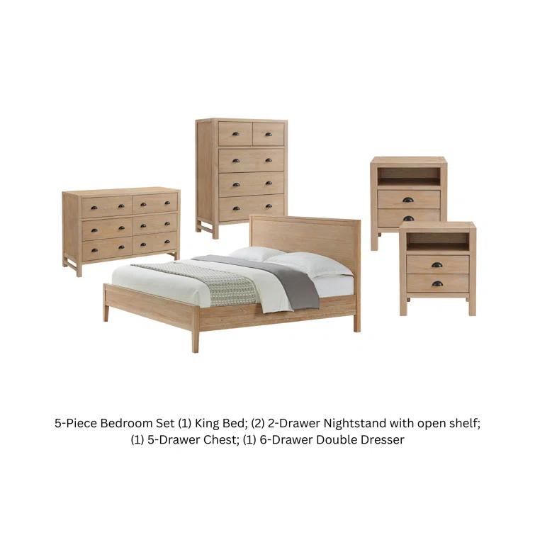 Arden 5-Piece Bedroom Set - Queen Bed, Two 2-Drawer Nightstands, 5-Drawer Chest, 6-Drawer Double Dresser, Solid Pine Wood, Light Driftwood Finish, Modern Rustic Style