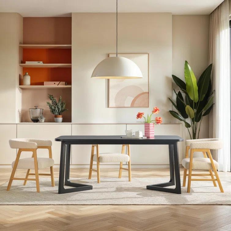 Modern Rectangle Solid Wood Veneer Dining Table for 6 with Geometric Leg Design