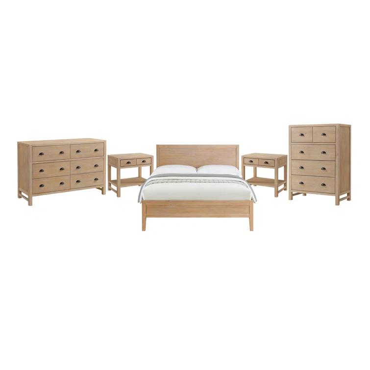 Arden 5-Piece King Bedroom Furniture Set w/ King-Sized Bed, 2x 2-Drawer Nightstands, 5-Drawer Chest & 6-Drawer Double Dresser, Solid Wood Set, Metal Bar Handles & Elegant Light Driftwood Finish