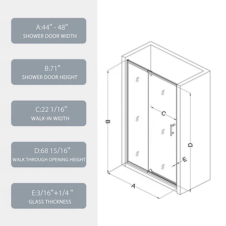 44-48" W x 71" H Flush Glass Shower Door Reversible Installation