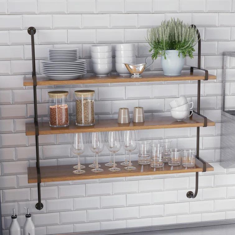 Wood 3 Level Wall Shelf with Black Metal Brackets