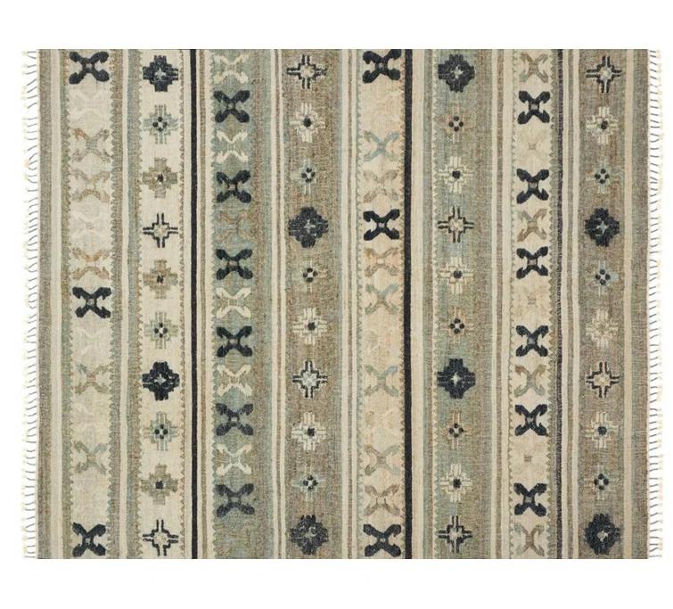 Hand-Knotted Blue and Beige Wool Cotton Area Rug