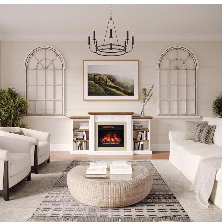 Country Living Belhaven 74 Inch Bookcase Mantel Package | 23 Inch Smart Electric Fireplace Insert Heater