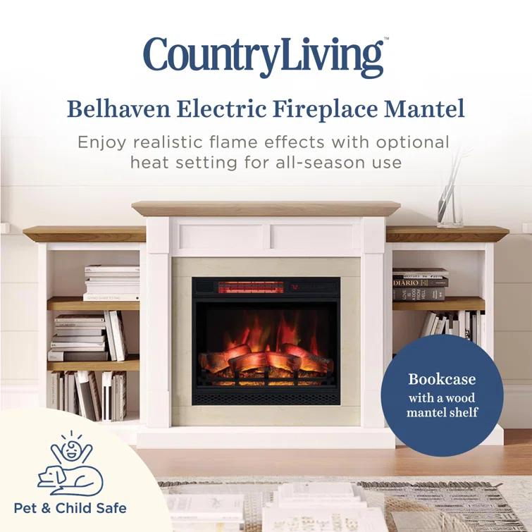Country Living Belhaven 74 Inch Bookcase Mantel Package | 23 Inch Smart Electric Fireplace Insert Heater