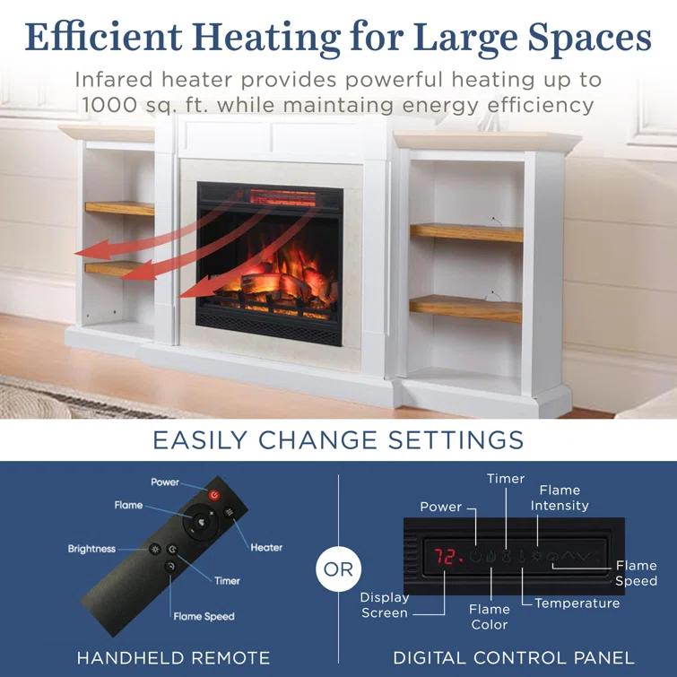 Country Living Belhaven 74 Inch Bookcase Mantel Package | 23 Inch Smart Electric Fireplace Insert Heater