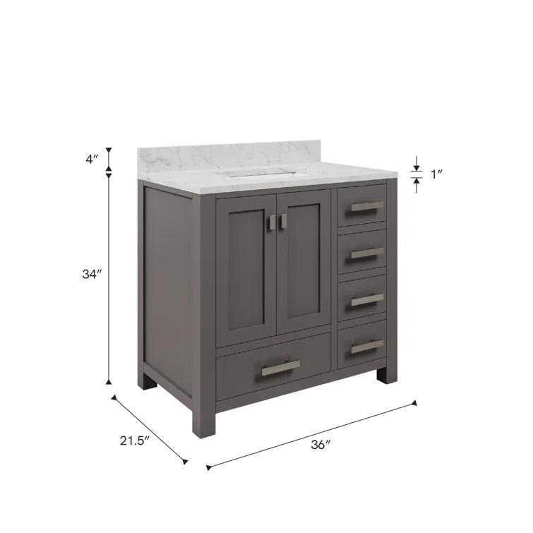 Madison 36 in. W x 21.5 in. D x 34 in. H Single Sink Bath Vanity in Cashmere Grey with Carrara White Marble Top