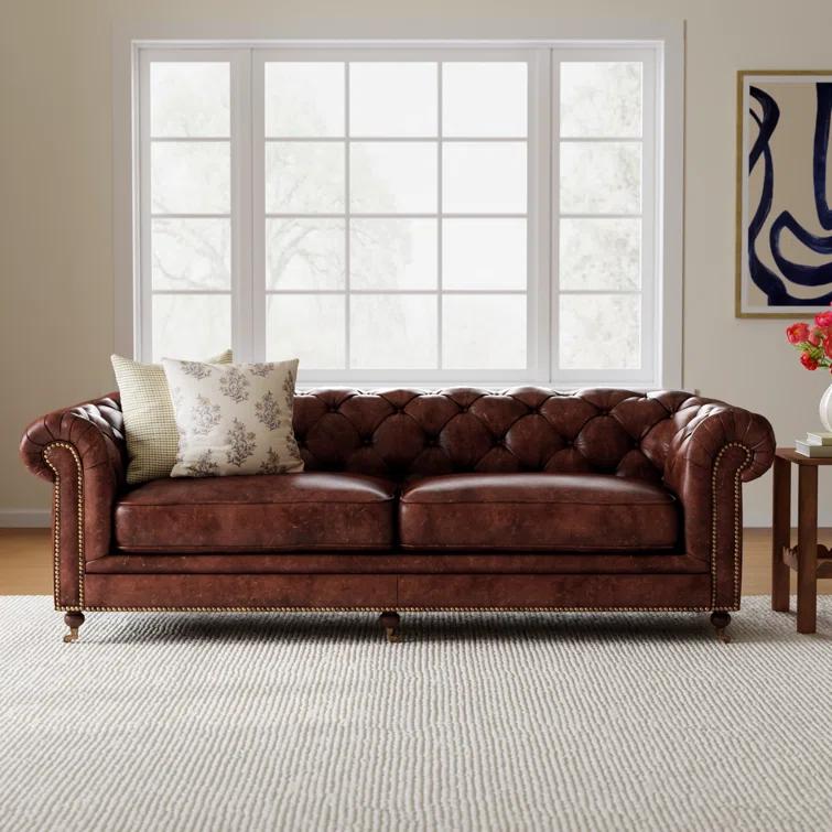 Idalia 87" Genuine Leather Rolled Arm Chesterfield Sofa with Reversible Cushions