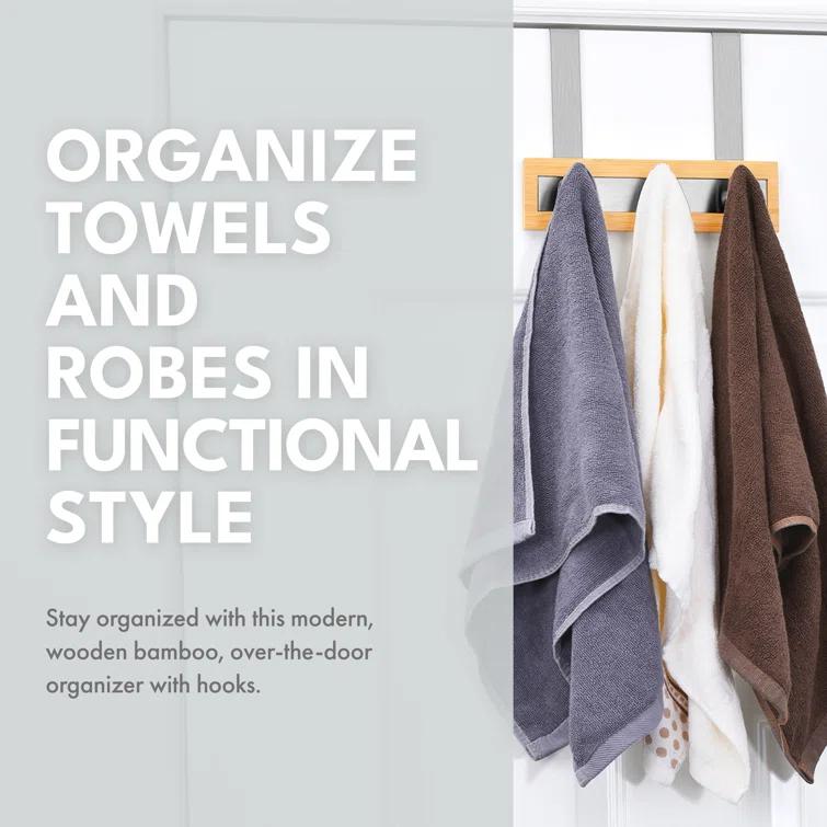 ToiletTree Products Bamboo and Stainless Steel Over-the-Door Hooks - 3 Hook Towel Rack for Bathroom, Utility, and Closet Organization