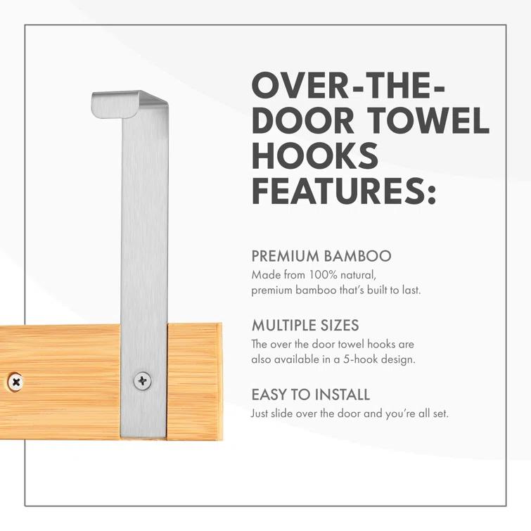 ToiletTree Products Bamboo and Stainless Steel Over-the-Door Hooks - 3 Hook Towel Rack for Bathroom, Utility, and Closet Organization