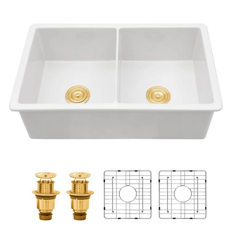 Sarlai 32'' L x 19" W White Ceramic 50/50 Double Basin Drop-In/Undermount Kitchen Sink with Sink Grids S-CSU3219-55