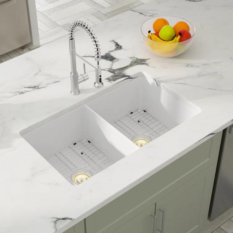 Sarlai 32'' L x 19" W White Ceramic 50/50 Double Basin Drop-In/Undermount Kitchen Sink with Sink Grids S-CSU3219-55