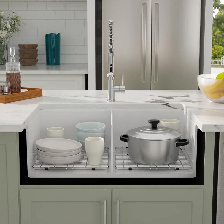 Sarlai 32'' L x 19" W White Ceramic 50/50 Double Basin Drop-In/Undermount Kitchen Sink with Sink Grids S-CSU3219-55