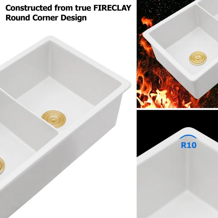 Sarlai 32'' L x 19" W White Ceramic 50/50 Double Basin Drop-In/Undermount Kitchen Sink with Sink Grids S-CSU3219-55