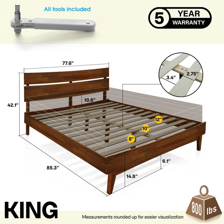 Acacia Aurora Premium Solid Wood Platform Bed Frame and High Headboard, King Bed Frame with Headboard Included, Mid Century Modern Bed with 5 years Warranty