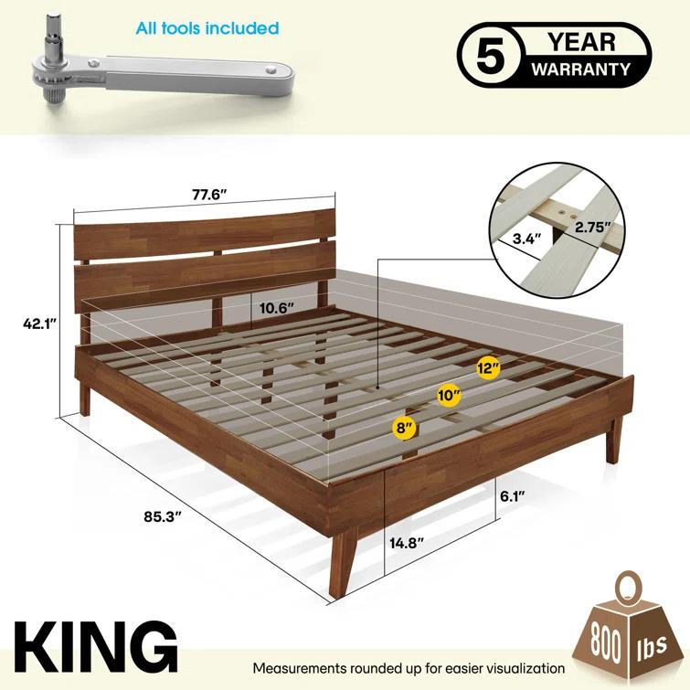 Acacia Aurora Premium Solid Wood Platform Bed Frame and High Headboard, King Bed Frame with Headboard Included, Mid Century Modern Bed with 5 years Warranty