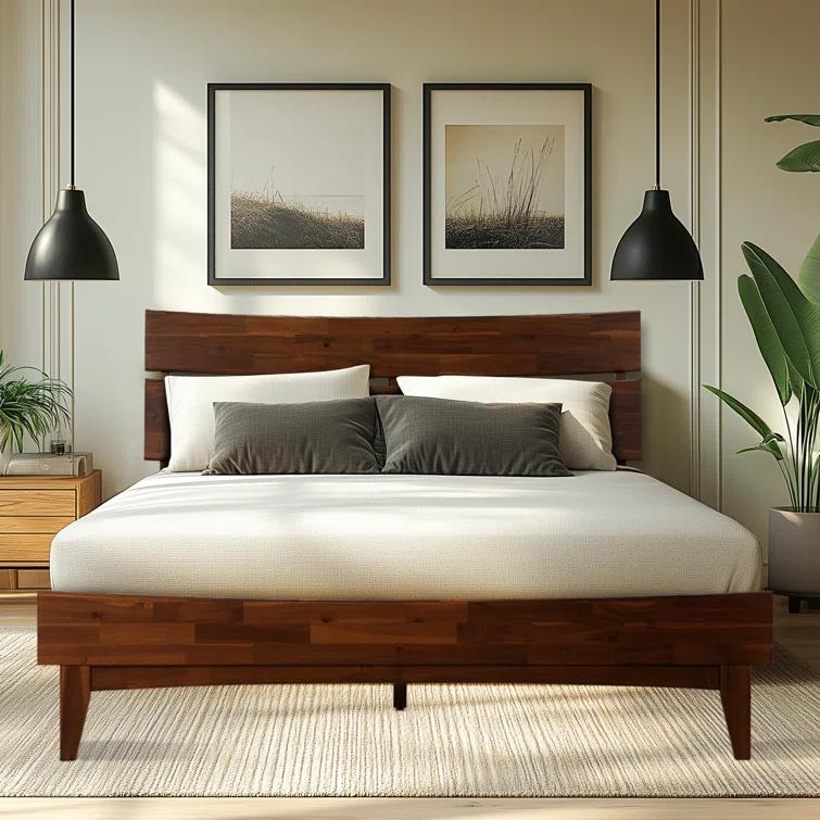 Acacia Aurora Premium Solid Wood Platform Bed Frame and High Headboard, King Bed Frame with Headboard Included, Mid Century Modern Bed with 5 years Warranty