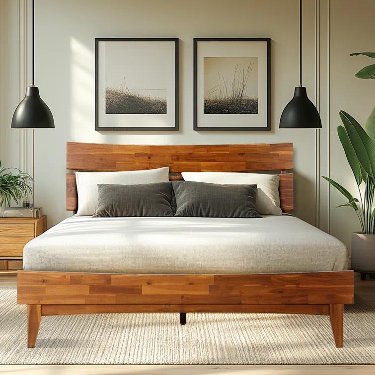 Acacia Aurora Premium Solid Wood Platform Bed Frame and High Headboard, King Bed Frame with Headboard Included, Mid Century Modern Bed with 5 years Warranty