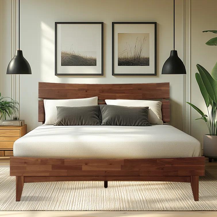 Acacia Aurora Premium Solid Wood Platform Bed Frame and High Headboard, King Bed Frame with Headboard Included, Mid Century Modern Bed with 5 years Warranty
