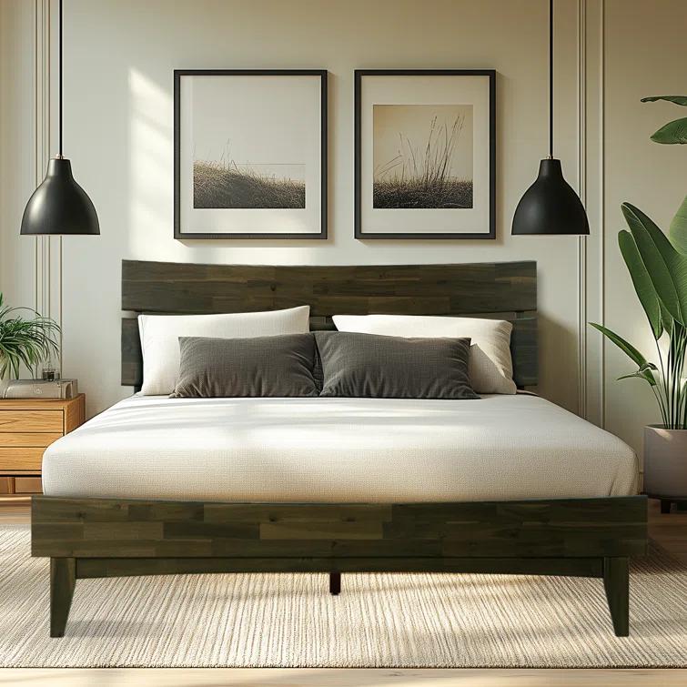 Acacia Aurora Premium Solid Wood Platform Bed Frame and High Headboard, King Bed Frame with Headboard Included, Mid Century Modern Bed with 5 years Warranty