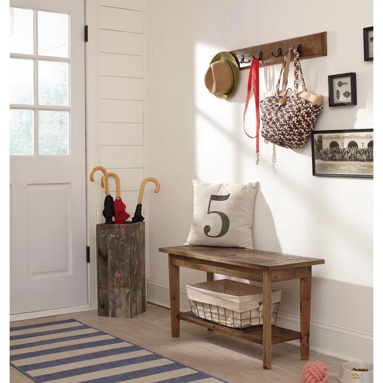 Alaterre Furniture Revive Wall Coat Hook with Bench Set Brown: Hardwood Hall Tree, 5 Hooks, Stained Finish