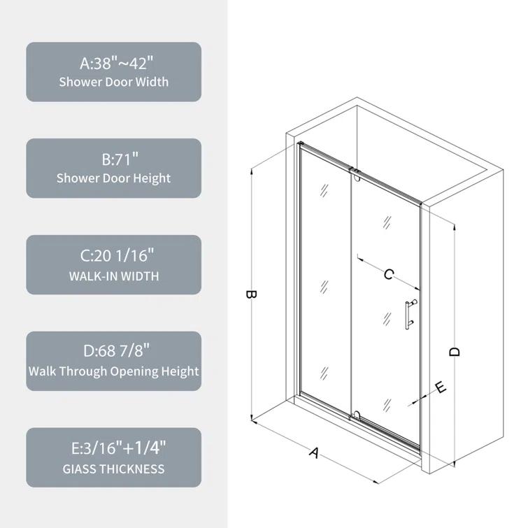 38-42" W x 71" H Flush Glass Shower Door Reversible Installation