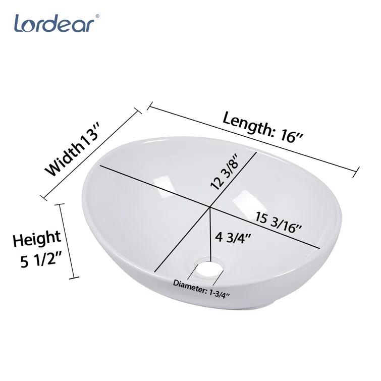 16" x 13" Oval Vessel Bathroom Sink White Bathroom Sink Ceramic Above Counter Sink Egg Shape Bowl