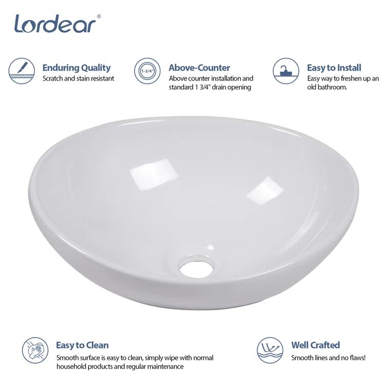 16" x 13" Oval Vessel Bathroom Sink White Bathroom Sink Ceramic Above Counter Sink Egg Shape Bowl