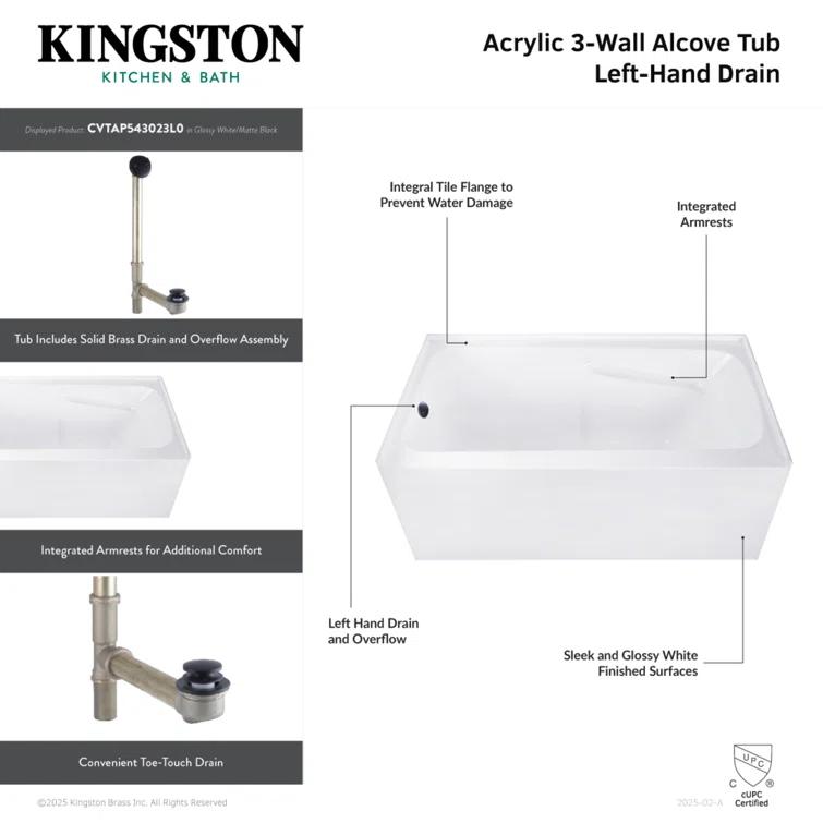Kingston Brass Aqua Eden 54-Inch Acrylic Rectangular 3-Wall Alcove Tub With Armrests