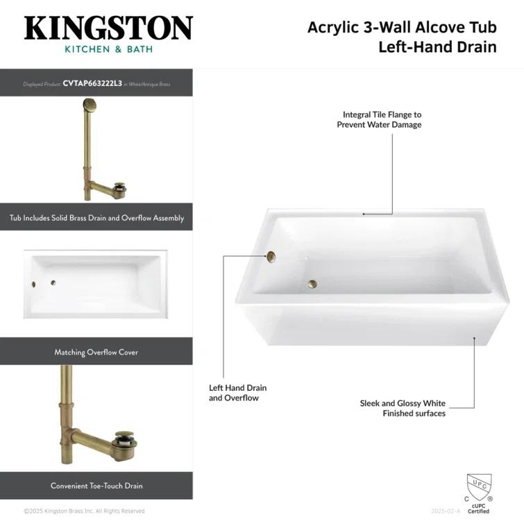 Kingston Brass Aqua Eden 66-Inch Acrylic Rectangular 3-Wall Alcove Tub