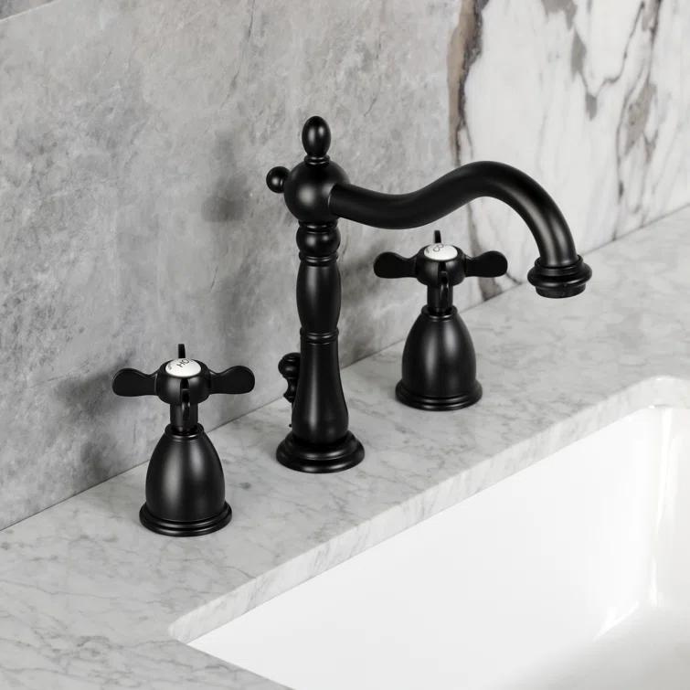 Kingston Brass Heritage Two-Handle 3-Hole Deck Mount Widespread Bathroom Faucet with Pop-Up Drain