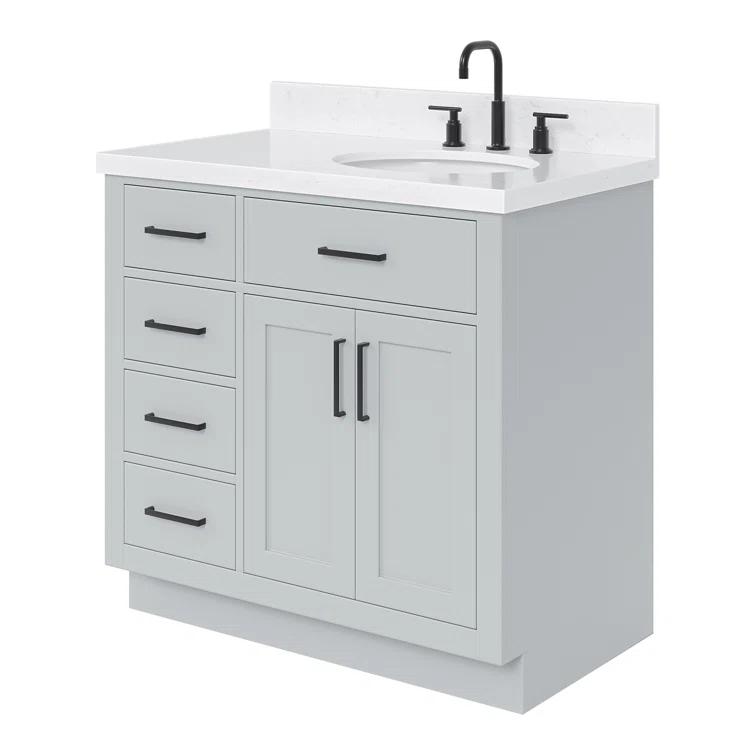 Thornaby 36'' Solid Wood Single Bathroom Vanity with 1.5'' Carrara Quartz Top, Left Offset Oval Sink