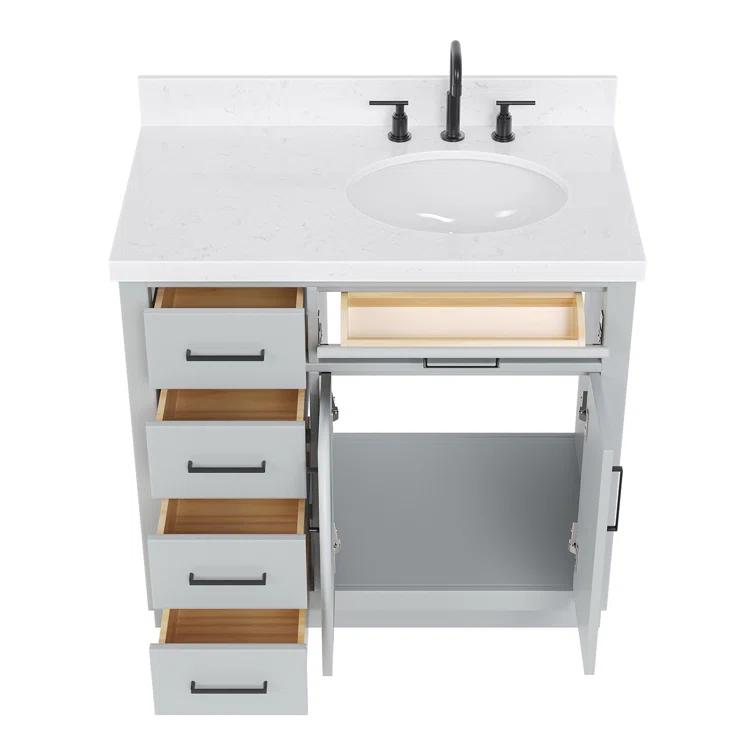 Thornaby 36'' Solid Wood Single Bathroom Vanity with 1.5'' Carrara Quartz Top, Left Offset Oval Sink