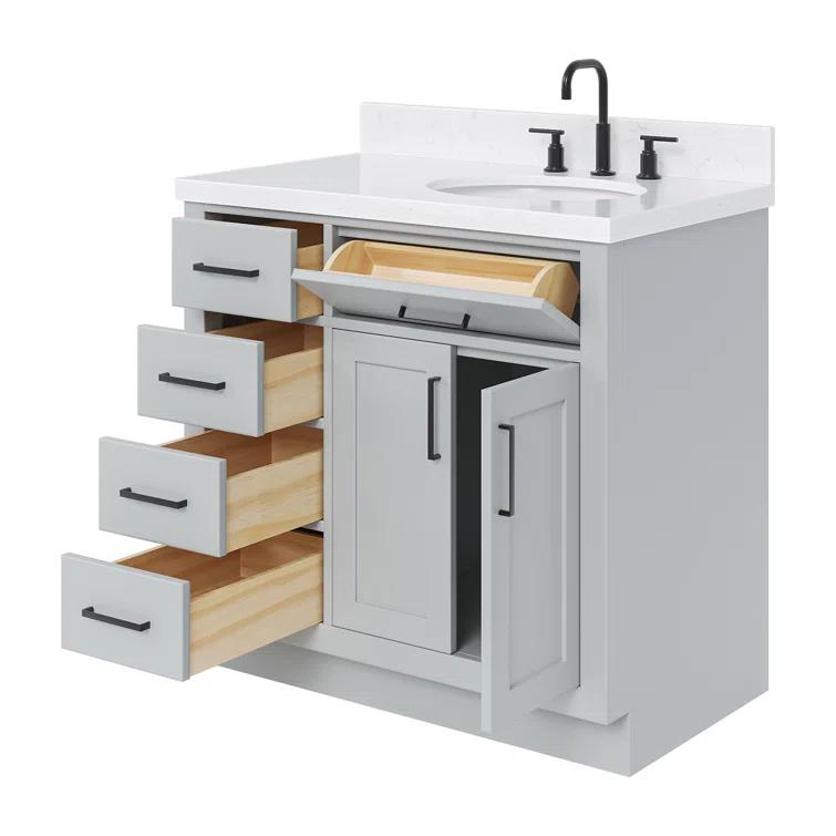 Thornaby 36'' Solid Wood Single Bathroom Vanity with 1.5'' Carrara Quartz Top, Left Offset Oval Sink